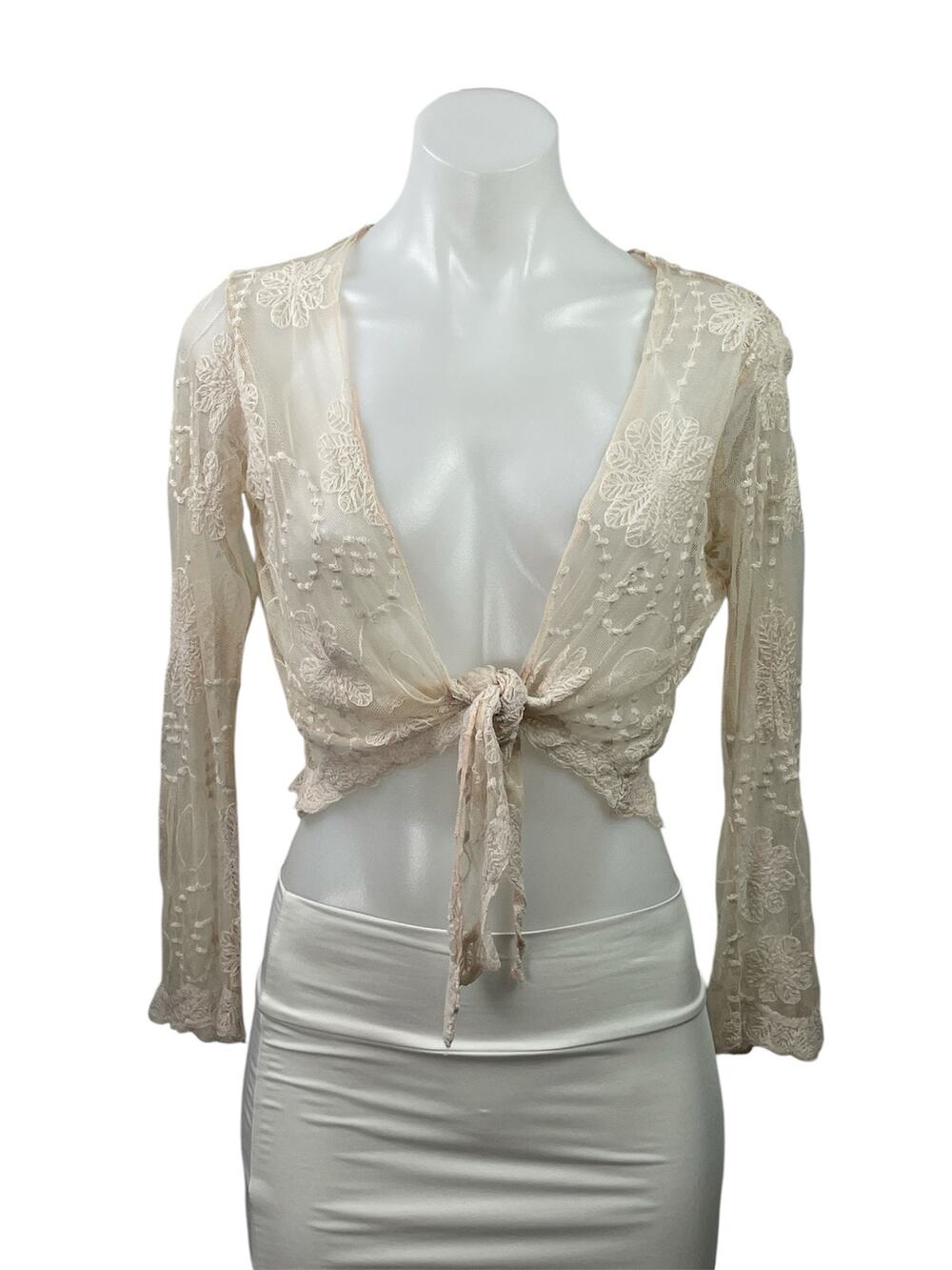 PALME Cream Lace Long Sleeves Sheer Embroidered Tie Front Crop Blouse Top Sz S/M